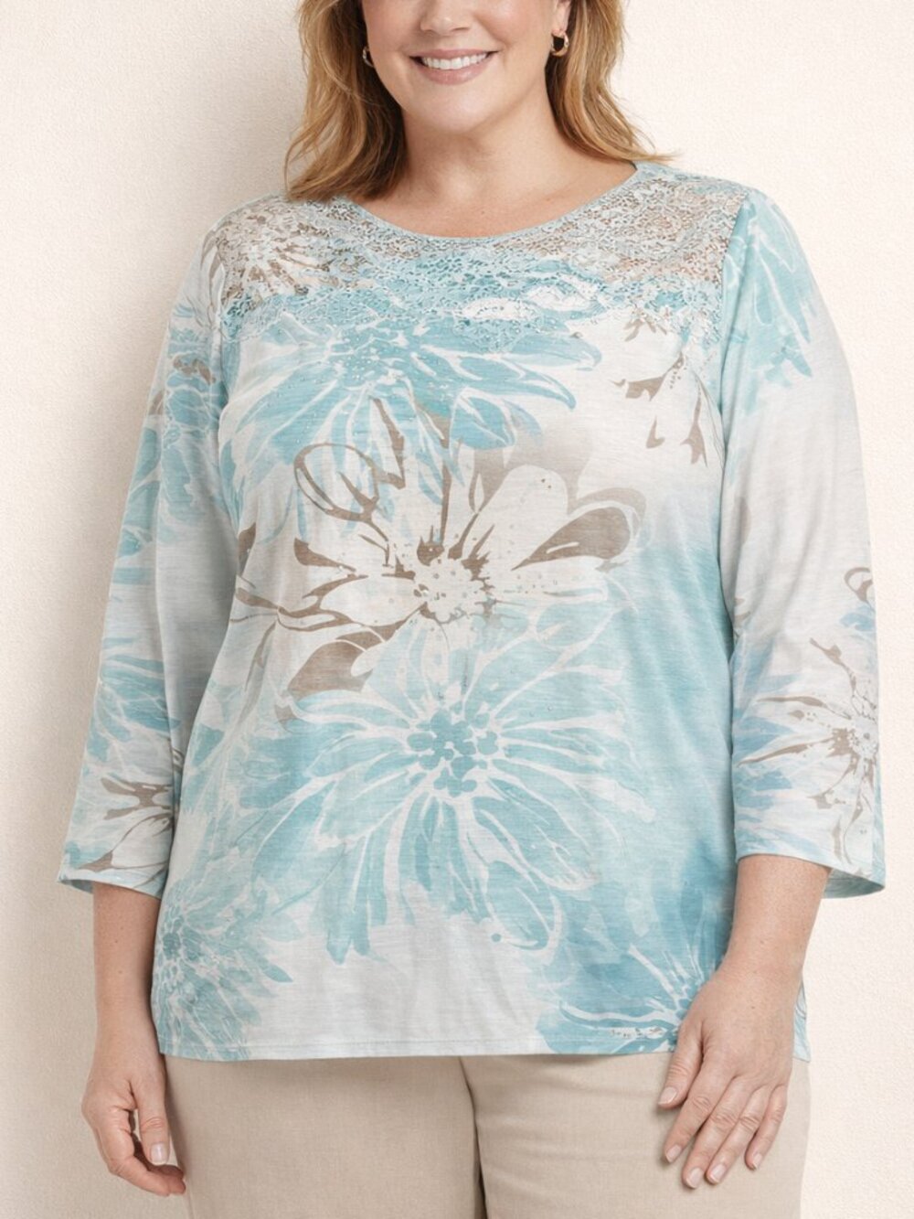 Alfred Dunner Floral Print Lace Yoke 3/4 Sleeve 1X Blouse